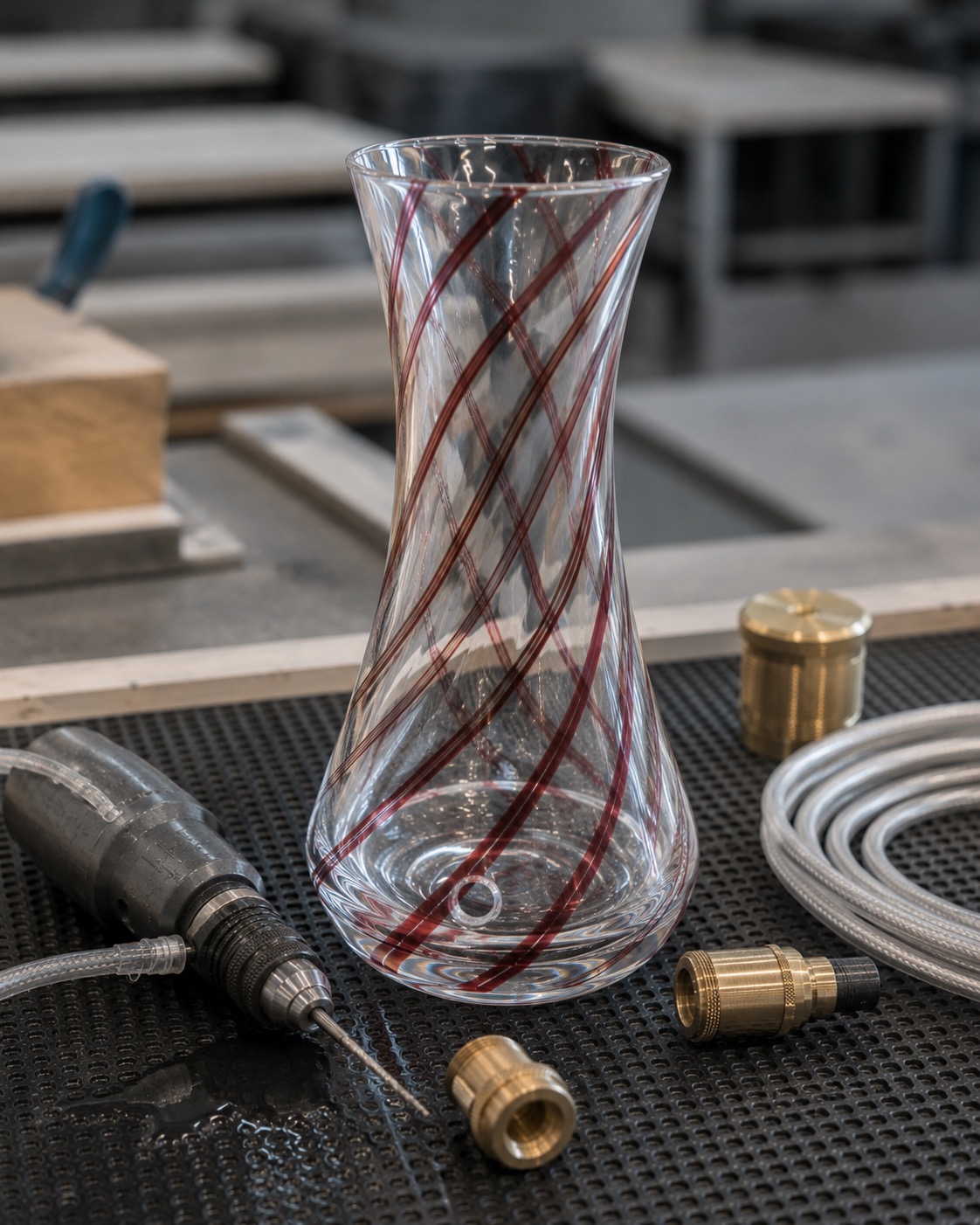 Crystal vase with drill, cooling line, and lamp fittings during the making process