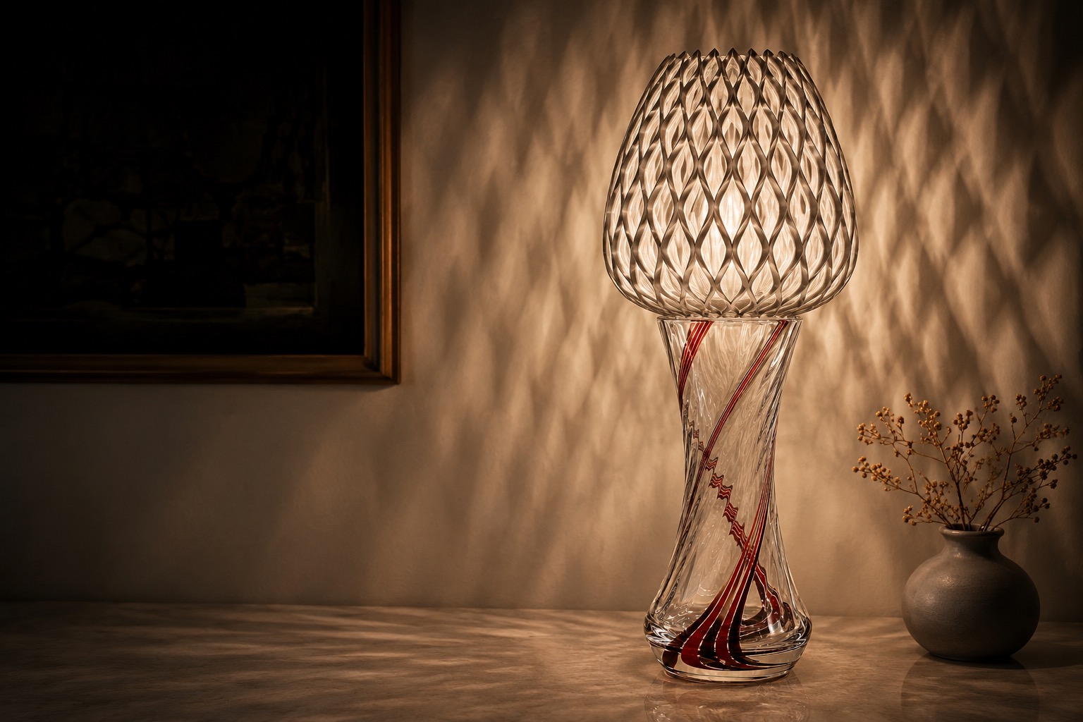 Finished crystal vase lamp with a 3D-printed shade head casting patterned shadows